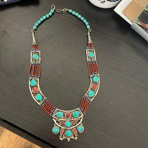 Turquoise, coral, silver boho necklace